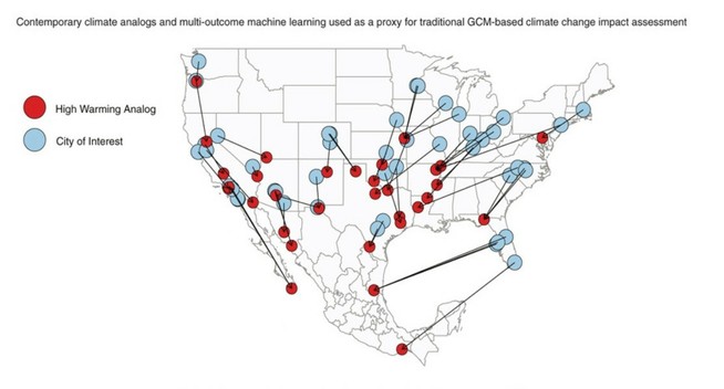 A map of Northern America dated 2023.

Climate analogues project strong regional differences in the future water and electricity demand across US cities.