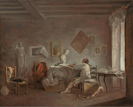 A painting by the French artist Hubert Robert, made in 1763-1765. It depicts Robert's studio. Near the middle of the room, Robert sits at a table. He's making a drawing of a bust in front of him. Along the wall are various sketches, paintings, drawings. On the left in front of the wall is a large sculpture of a standing man. Near the front of the room, a slender dog plays with Robert's slippers. It seems Robert used soft colour tones and light touches. All in all, a delicate painting.