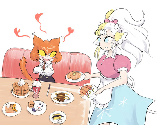 Doodle of cat person being served different kinds of pancakes by a confounded cowgirl waitress.