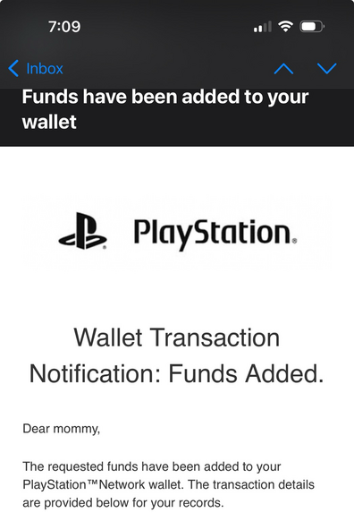 An email from PlayStation addressed to mommy. Reads “Dear mommy,”