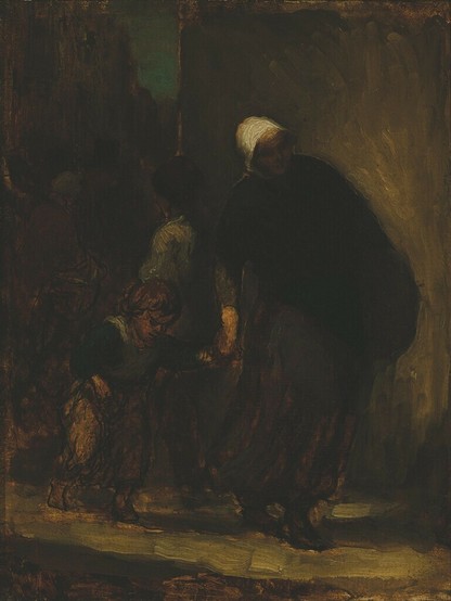 A woman and child are walking in the centre of this oil painting. Behind the duo is another woman, wearing a white top or dress. The child wears light brown pants and a black top, while looking towards the ground. The woman is dressed in all black, except for her white hat. The two are holding hands. The colours are muted, dark and earth toned. French painter Honoré Daumier made this in circa 1864.