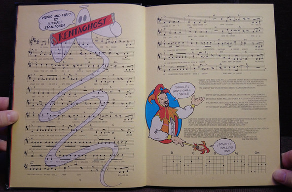 Two pages from the 1983 Rentaghost annual, showing the music and lyrics from the TV show theme song.