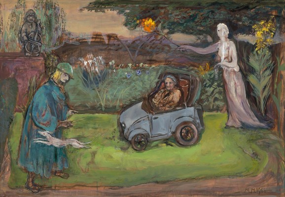 A garden scene by the artist Marie-Louise von Motesiczky. In the centre is an elderly woman seated in a small blueish car. To the right, close to the woman, is a ghostlike, perhaps statuelike figure which holds a torch. On the left in the front, is a person with yellow hair, green cap and long blue coat. In front of the person is a dog in mid-air. On the left in the back, atop a low wall, is a statue of a small person playing the cello. This painting, called The Short Trip, was made in 1965.