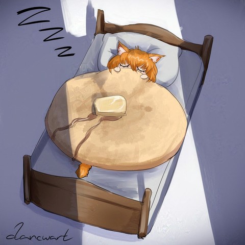 Cat character sleeping under big pancake