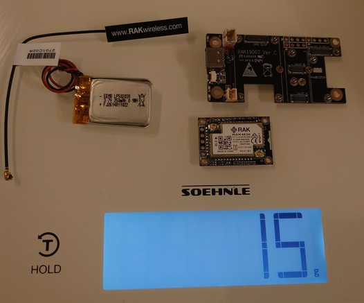 WisBlock and RAK4631 with antenna weigh in at 15g with tiny battery