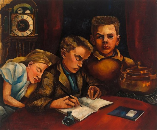 Drie witte kinderen met blond haar zitten aan een tafel. Rechts kijkt een jongen je frontaal aan. Links leunt een meisje op de rug van haar broer die in het midden zit. Haar ogen zijn gesloten. De jongen in het midden schrijft met pen en inkt in een schrift. Rechts op de voorgrond staat een grote pot. Links achterin hangt of staat een klok. Dit werk is gemaakt door Charley Toorop in 1922.