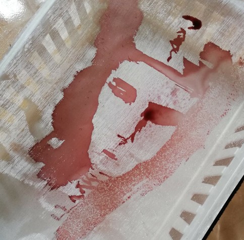 Gauze stretched haphazardly over a basket and painted with a very approximate Akhenaten in a coppery brown. You can see splotching and fading on the near side, where water has been sprayed on it.