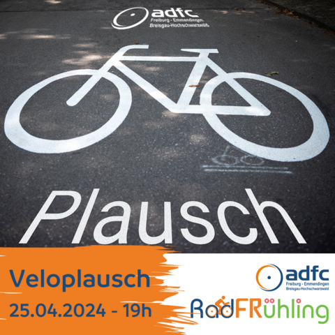 Fahrradpictogram auf der Straße mit dem ADFC-Logo und dem Wort Plausch