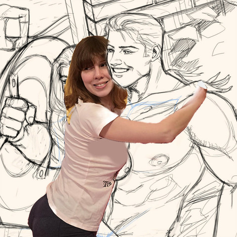 Image compilation of a cutout photo of Lety overlaid on a cropped sketch illustration submitted by an artist from a Tracyverse Comics story currently in development. From top to bottom, she is wearing a light pink tee and tight gray exercise pants. The scene is set on a couch by a window in a brick room, and Lety's cutout is placed on the art of a woman, serving as a visual reference for an adjustment note she sent to the artist. All that can be seen of the woman under Lety is that she has long hair and massive tits. Lety is straddling a smiling, muscular man with short, neatly combed hair carrying a round striped shield, her hands wrapped around his broad shoulders as she presses her body against his naked chest. The man's shield is hiding the woman (and therefore Lety) from being seen by a man outside the window, and both people in the room are smiling at this outdoor figure whose lower half appears to stretch away from him.