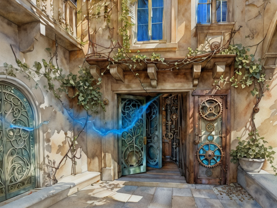A floating ribbon of magical blue energy flows out of the complicated mechanized doorway of a sturdy ancient stone building. Sunlit vines overgrow the stone architecture, and more blue energy lights upper windows from within.