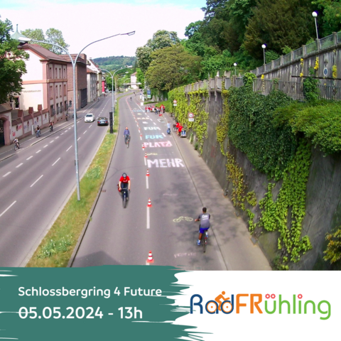 Schlossbergring - ein Fahrstreifen ist komplett vom Autoverkehr befreit. Es fahren einige Radfahrer und es gehen einige Fußgänger in diesem Bereich.