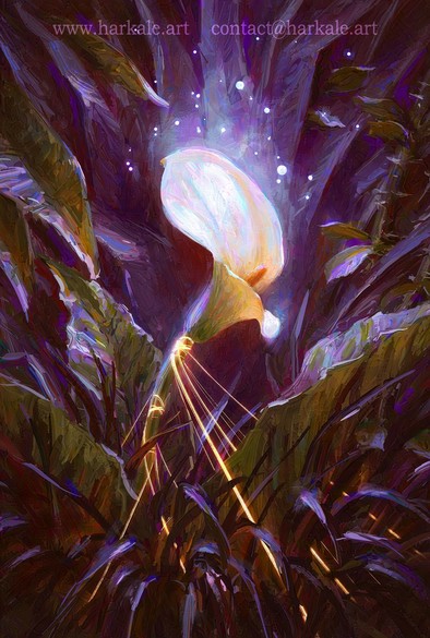 A single white calla lily, strangled by threads of light and surrounded by stifling, dark tropical plants with pointed leaves and sharp thorns.