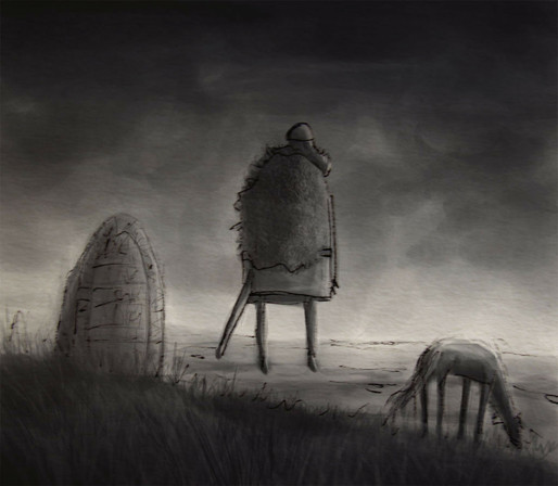 Sketch of a viking, seen from behind, hovering in the air next to a rune stone. There's a grazing horse a bit away and dark, foreboding clouds in the sky.