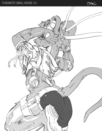 Simon with various cybernetic enhancements and protrusions on his body, including tubes leading to his head, wires connecting his arm to his shoulder, a device in his ear, and devices covering his spine, rear and feet.