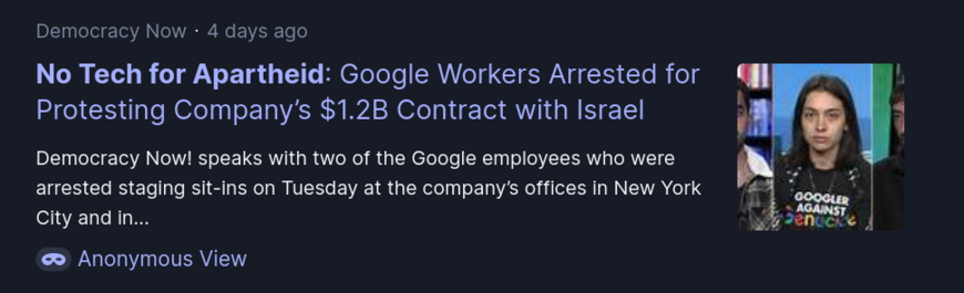 Startpage.com search result for "no tech for apartheid" search results featuring a recent Democracy Now interview with Juan Gonzales, Amy Goodman, Ray Westrick, Mohammad Khatami, and Gabriel Schubiner