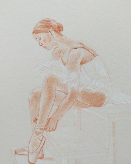 Red pencil drawing of a ballerina sitting on white steps adjusting her shoes