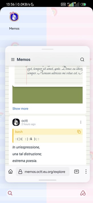 Schermata della app sul mio telefono con la home di sfondo, mostra i primissimi post pubblicati.