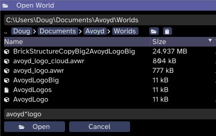 Avoyd Voxel Editor file dialogue showing a list of files which match the pattern "avoyd*logo" which the user has typed in to search for files.