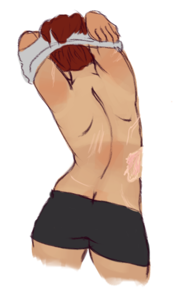 Kairi from Kingdom Hearts with scars on her exposed back, lifting a shirt over her head.