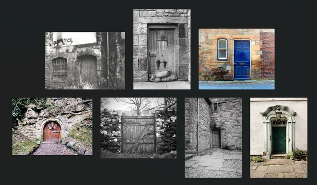 Selection of door photographs on a black background.