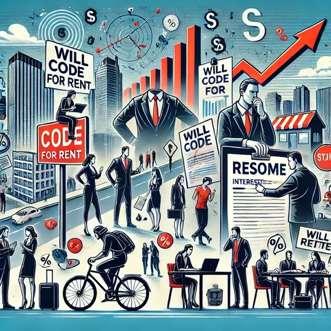 A chaotic scene depicting the modern job market in the tech industry. The background shows a cityscape with both well-maintained and crumbling office buildings. In the foreground, a person rides a bike past professionals in suits, another person works on a laptop with a stack of resumes beside them, a group of people have a heated discussion, and someone holds a sign that reads "Will Code for Rent." Visual elements include a graph with an upward arrow and money bags with percentage signs, symbolizing interest rates. The overall atmosphere is a mix of desperation, confusion, and determination.