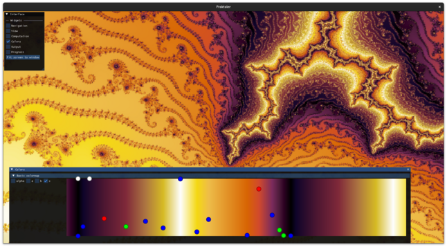 Screenshot of my fractal generator showing a new color gradient editor and a fractal. The colors are mapped directly to the fractal.