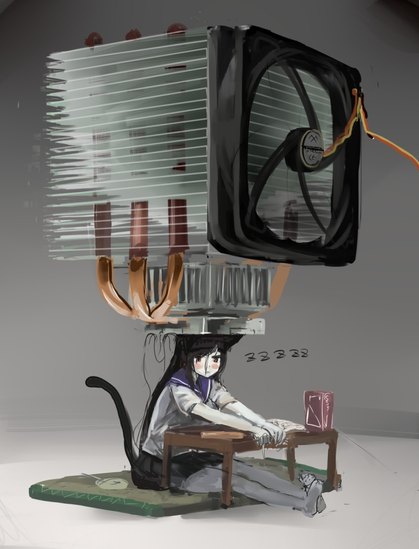 Image of a catgirl being cooled with tower CPU cooler installed on her head, that's twice as big as her