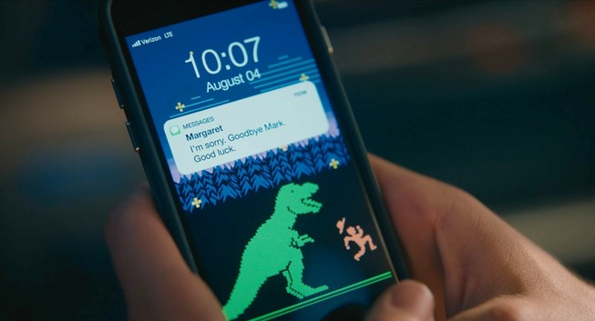 An iphone dated "August 04" shows a text message from Margaret reading, "I'm sorry. Goodbye Mark. Good luck."