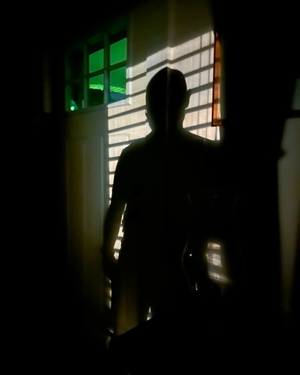 Color photo of the shadow of a man within the shadow of venetian blinds against a wall and door. One corner of the blinds is intersected by a small window at the top of the door, through which a green light is visible just outside.