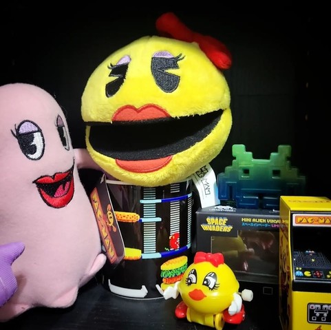 A shelf photo with Pac-Man, BurgerTime and Space Invaders items on it