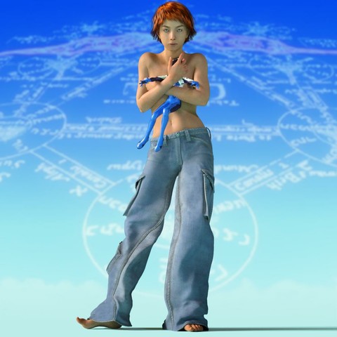An imitation of the cover of the Serge Gainsbourg album Histoire de Melody Nelson. Sally is in the same pose as Jane Birkin, but instead of a toy doll, she is holding Shinji Ikari from Evangelion to her chest and stifling his entire head with her right hand.