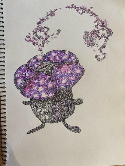 Dibujo hecho a mano con bolígrafos de colores de un Vileplume (pokemon) recreando galaxias en su interior.