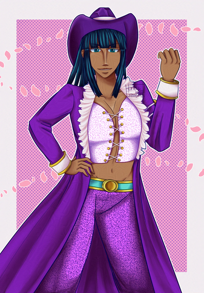 Nico Robin from One piece in an "alternative" version of her Alabasta outfit, that I dreamed bout one day and decided to draw.
She's posing with a closed hand on one side, while the other is resting on her hip