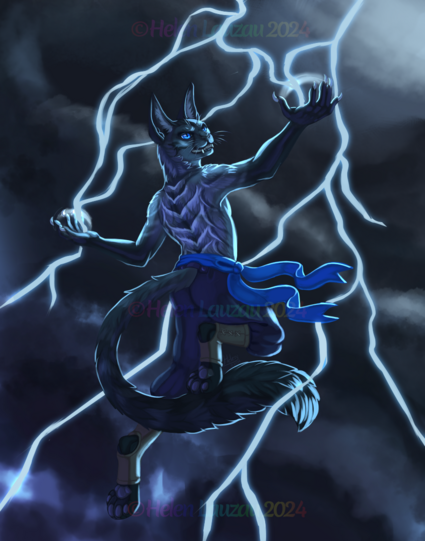 Digital illustration of an anthro cat character, with a backdrop of storm clouds, summoning a huge lighting bolt and catching some of the energy in his hands.