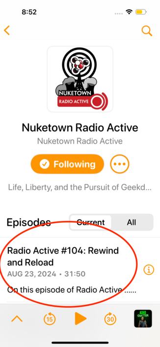 A screenshot of a podcast client showing episode 104 of the Nuketown Radio Active Podcast.