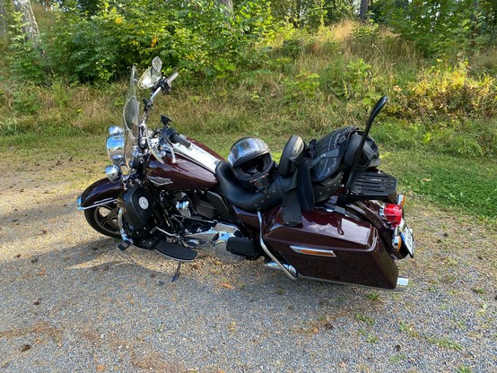 Photo of a dark red motorcycle with gear placed on the seat. It’s standing on gravel, with green bushes behind it.