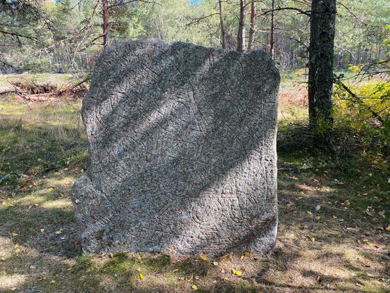 Photo of the runestone U 1164. It’s almost square, and the inscription is slightly hard to see.