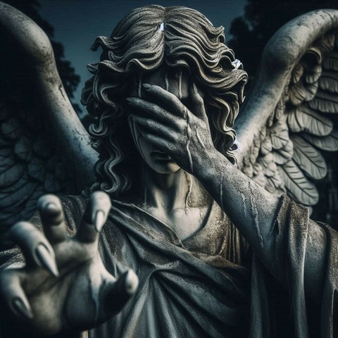 Eine Engelsstatue. Eine Hand vor den Augen, die andere mit spitzen Fingernägeln wie Krallen ausgestreckt, als wenn sie nach jemand greifen will.
