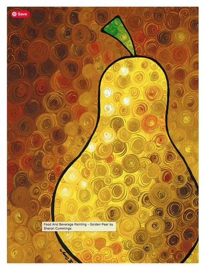 A golden pear painting in yellow, gold, burnt orange and brown by artist Sharon Cummings.  Haiku in post.