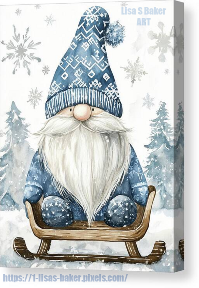 A canvas print of a gnome dressed in winter clothes and a stocking cap sitting on a sled. Art by Lisa S Baker.