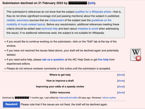 Submission declined on 21 February 2023 by [redacted].

This submission's references do not show that the subject qualifies for a Wikipedia article—that is, they do not show significant coverage (not just passing mentions) about the subject in published, reliable, secondary sources that are independent of the subject (see the guidelines on the notability of music-related topics). Before any resubmission, additional references meeting these criteria should be added (see technical help and learn about mistakes to avoid when addressing this issue). If no additional references exist, the subject is not suitable for Wikipedia.