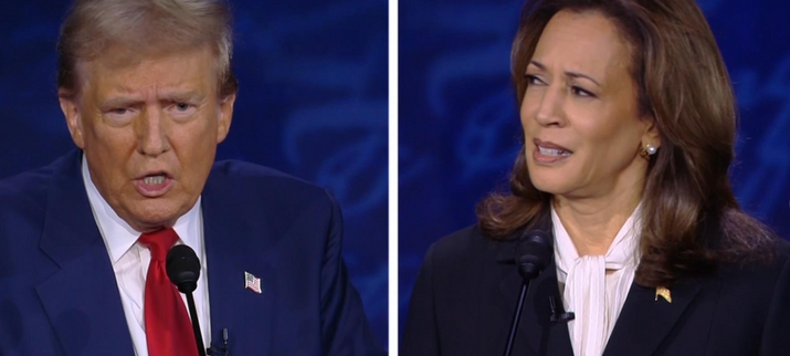 Screenshot of video from the debate between Kamala Harris and Donald Trump. He's on the left side of the image, looking straight at the audience, and has a facial expression that looks surely and unhinged. She's on the right side of the image, looking sideways at him, and has a facial expression that looks nonplussed and repulsed.