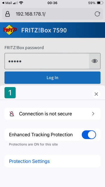 Screenshot of Firefox on iOS showing a padlock (left to the address bar). In the address bar it reads: 192.168.178.1/

Below that is the login page of my AVM Fritz!Box home router. The login field contains a number of asterisks resulting from password autofill.

At the bottom half of the screen a pop up box is shown which only appears after tapping the padlock at the top: it reveals that the connection is insecure (If I had not tapped the padlock, I would not have known).