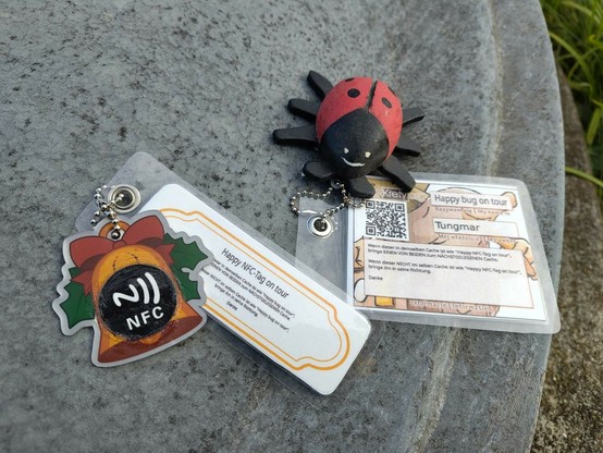 NFC-Tag und Holz-Käfer als GeoKrety. Auf der Rückseite ist jeweils noch ein GC.com TB geklebt.