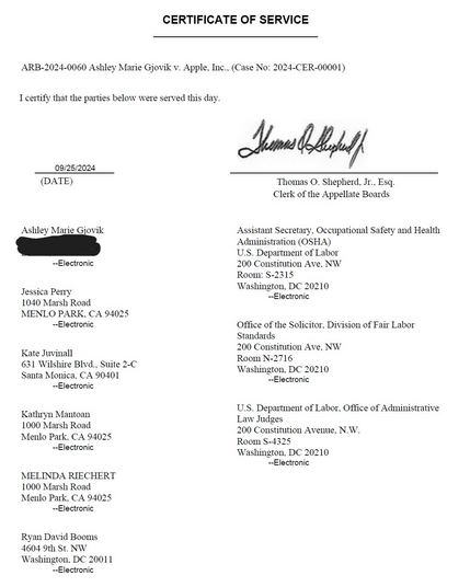 email of letter attesting to service