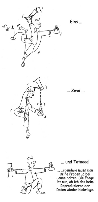 Drei-Bilder-Comic von Forscher Ernst, wie er mit Reaktionsgefäß in jeder Hand Ballettschritte ausführt.