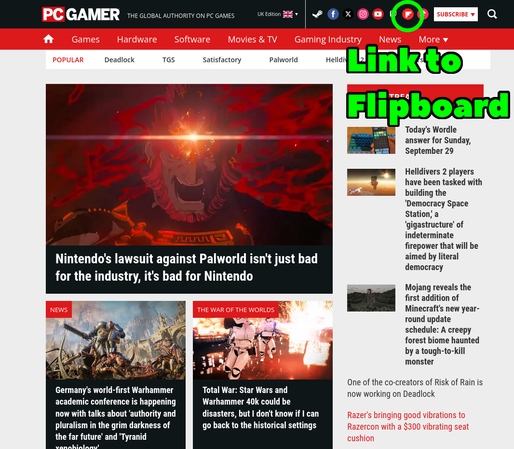 Screenshot of the front page of the PC Gamer website. It has a row of social media accounts at the top, one of which is a link to their Flipboard account. This has been highlighted in the image.