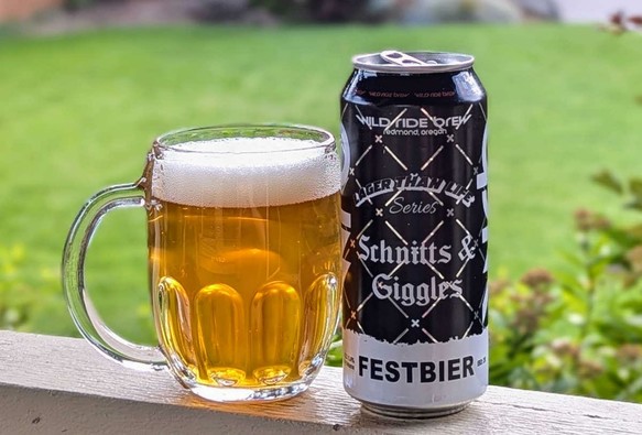 A mug of Schnitts & Giggles Festbier from Wild Ride Brewing of Redmond, Oregon