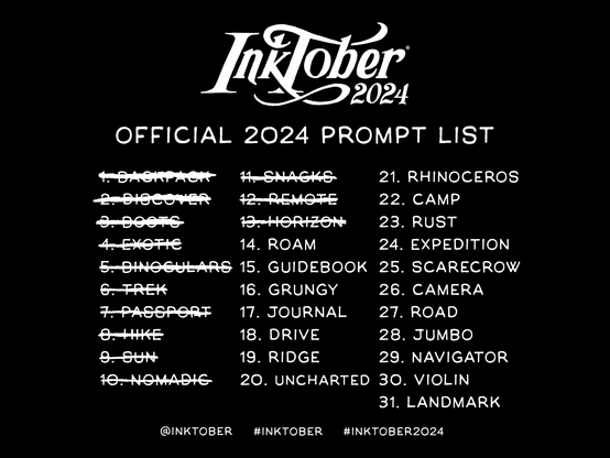 Inktober 2024 prompt list with days 1-13 crossed off.