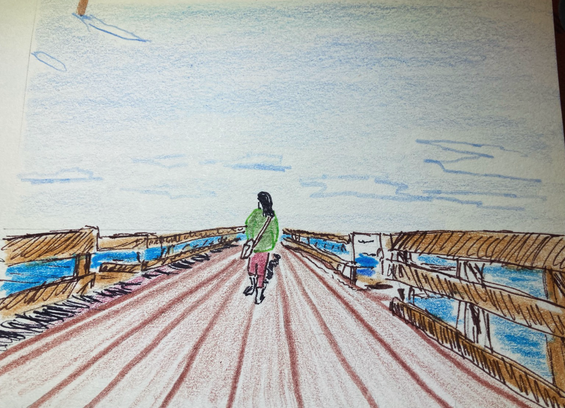 Ink and pencil colour sketch of a girl in a green jacket on a dock, walking towards the horizon